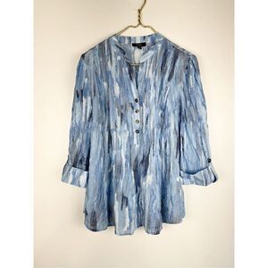 Cocomo Women's Striped Roll Tab Sleeve Pintuck Tunic Blouse Blue Plus Size 1X